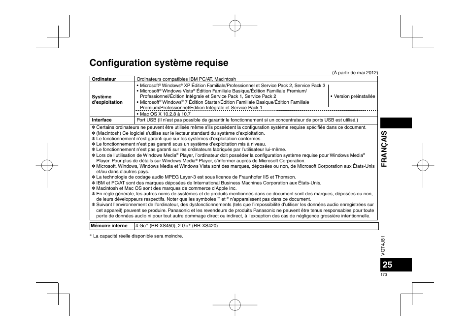 Confi guration système requise, Français | Panasonic RRXS450E User Manual | Page 173 / 234