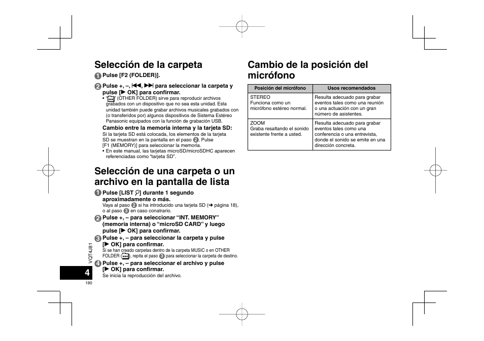 Selección de la carpeta, Cambio de la posición del micrófono | Panasonic RRXS450E User Manual | Page 180 / 234