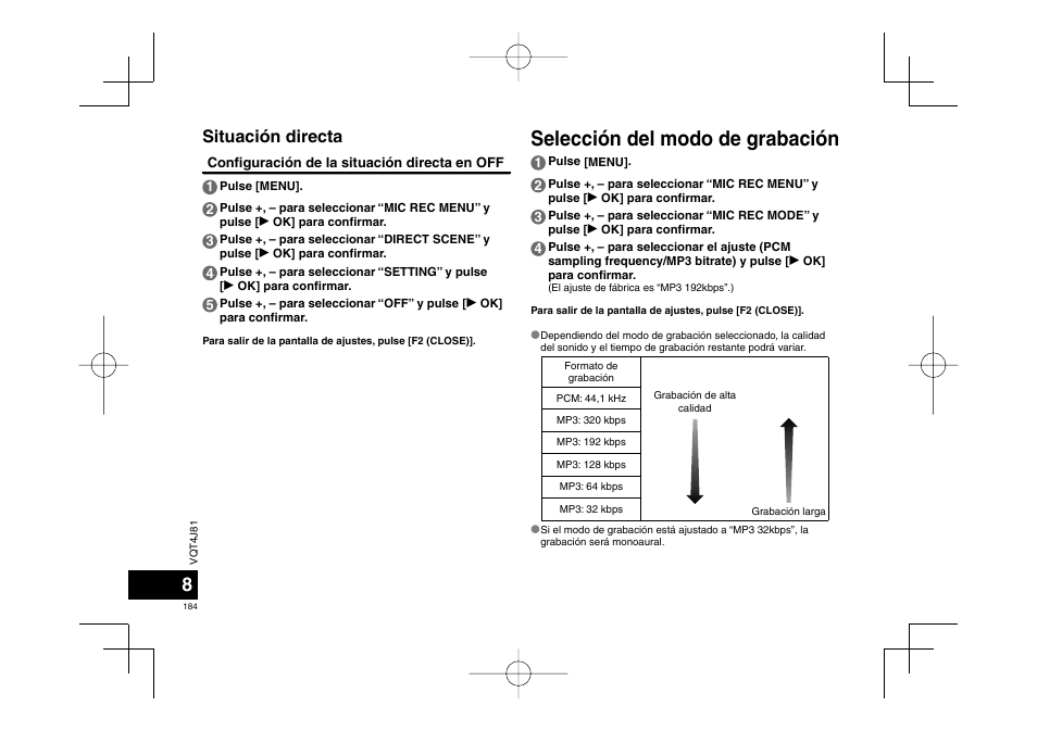 Selección del modo de grabación, Situación directa | Panasonic RRXS450E User Manual | Page 184 / 234