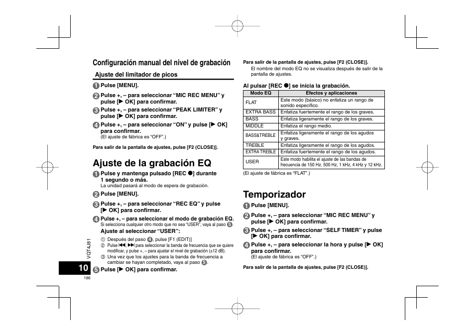 Temporizador, Ajuste de la grabación eq, Confi guración manual del nivel de grabación | Panasonic RRXS450E User Manual | Page 186 / 234