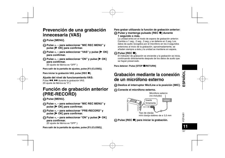 Prevención de una grabación innecesaria (vas), Función de grabación anterior (pre-record) | Panasonic RRXS450E User Manual | Page 187 / 234