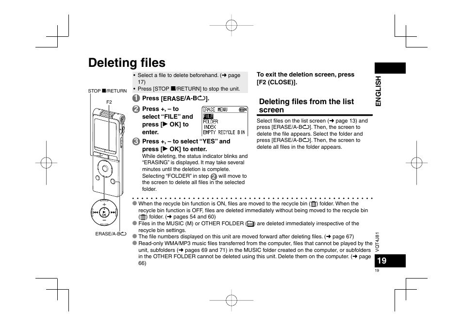 Deleting fi les, Deleting fi les from the list screen | Panasonic RRXS450E User Manual | Page 19 / 234