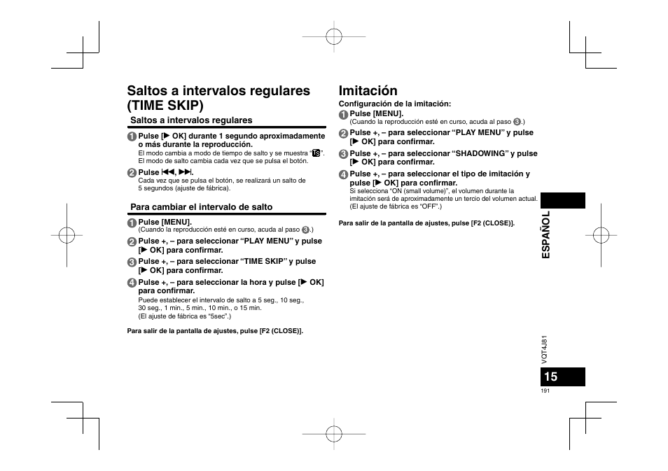 Saltos a intervalos regulares (time skip), Imitación | Panasonic RRXS450E User Manual | Page 191 / 234