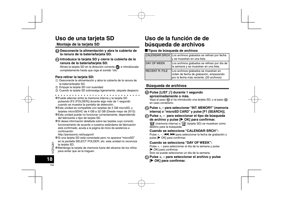 Uso de la función de de búsqueda de archivos, Uso de una tarjeta sd | Panasonic RRXS450E User Manual | Page 194 / 234