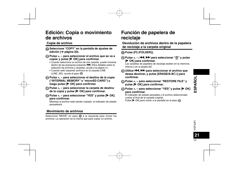 Edición: copia o movimiento de archivos, Función de papelera de reciclaje | Panasonic RRXS450E User Manual | Page 197 / 234