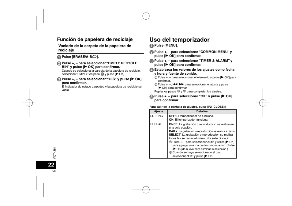 Uso del temporizador, Función de papelera de reciclaje | Panasonic RRXS450E User Manual | Page 198 / 234