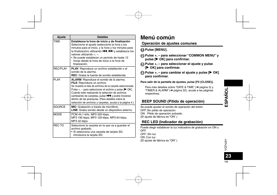 Menú común, Esp añol | Panasonic RRXS450E User Manual | Page 199 / 234