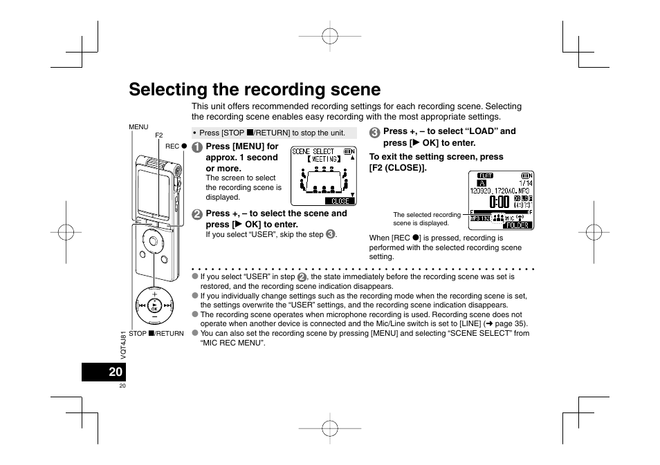 Selecting the recording scene | Panasonic RRXS450E User Manual | Page 20 / 234