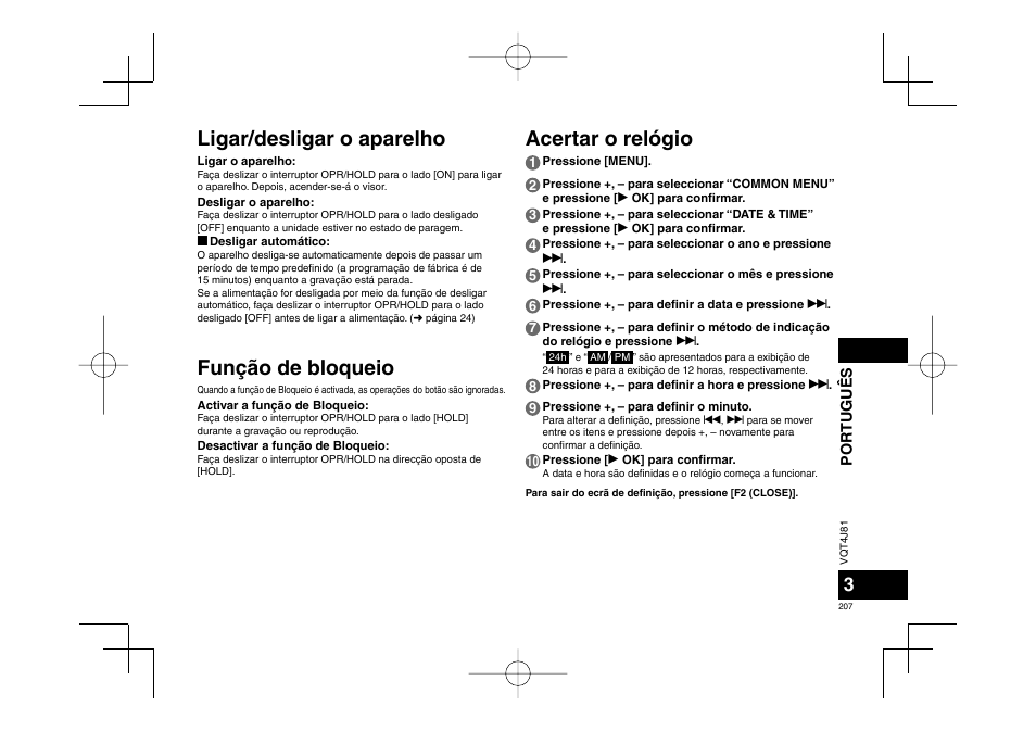 Ligar/desligar o aparelho, Função de bloqueio acertar o relógio | Panasonic RRXS450E User Manual | Page 207 / 234