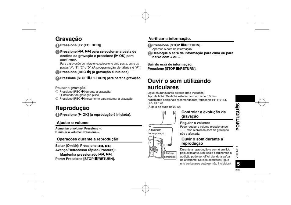 Ouvir o som utilizando auriculares, Gravação reprodução | Panasonic RRXS450E User Manual | Page 209 / 234