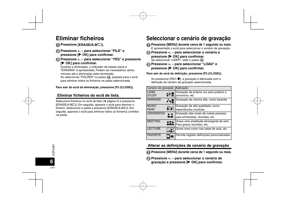 Eliminar fi cheiros, Seleccionar o cenário de gravação | Panasonic RRXS450E User Manual | Page 210 / 234