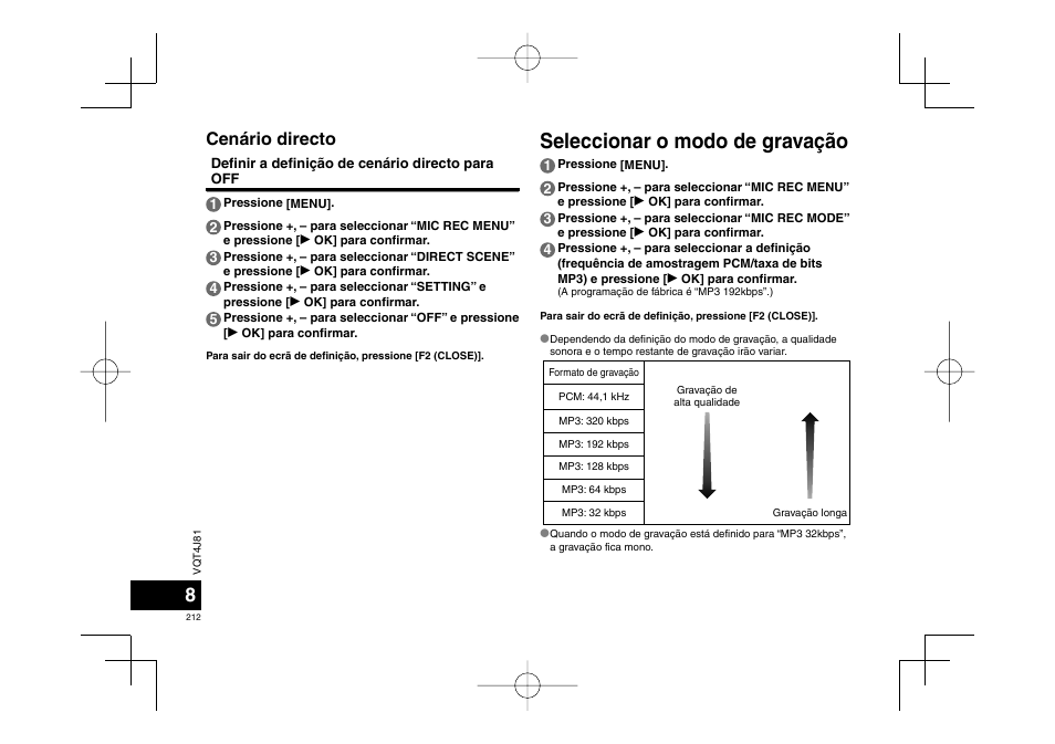 Seleccionar o modo de gravação, Cenário directo | Panasonic RRXS450E User Manual | Page 212 / 234