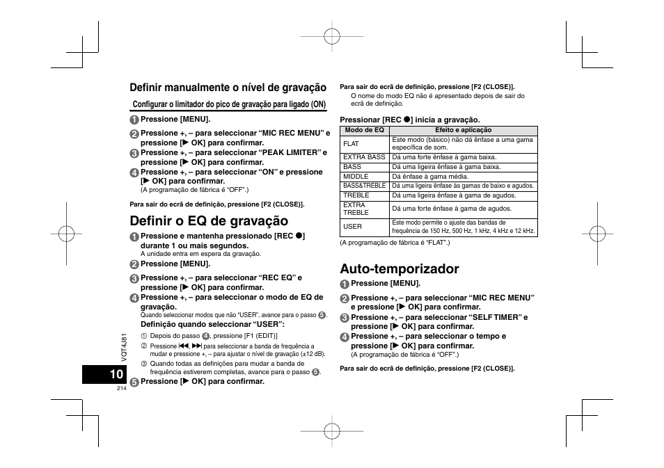 Auto-temporizador, Defi nir o eq de gravação, Defi nir manualmente o nível de gravação | Panasonic RRXS450E User Manual | Page 214 / 234