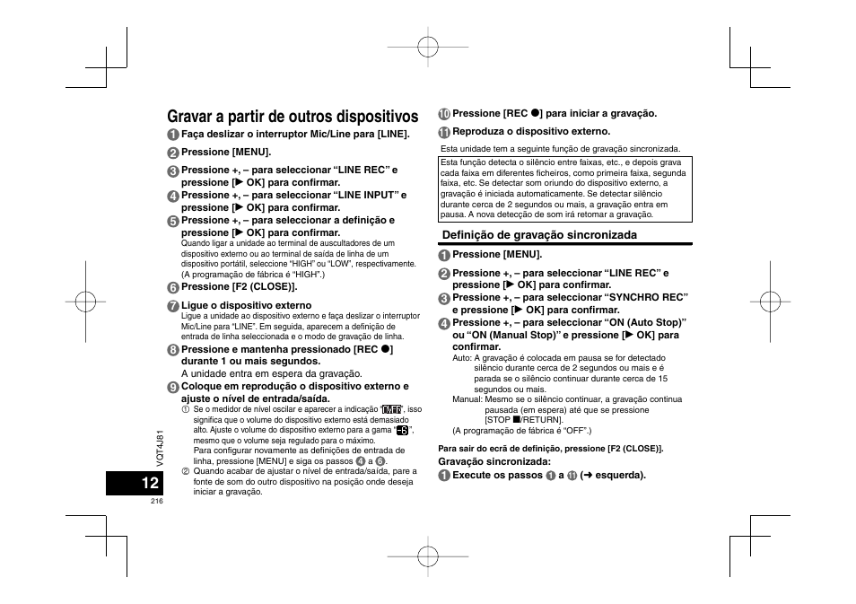 Gravar a partir de outros dispositivos | Panasonic RRXS450E User Manual | Page 216 / 234