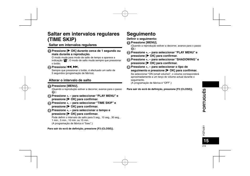 Saltar em intervalos regulares (time skip), Seguimento | Panasonic RRXS450E User Manual | Page 219 / 234