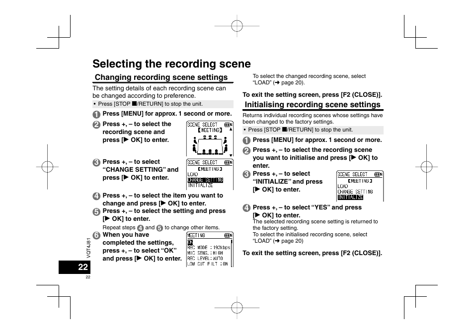 Selecting the recording scene, Changing recording scene settings, Initialising recording scene settings | Panasonic RRXS450E User Manual | Page 22 / 234