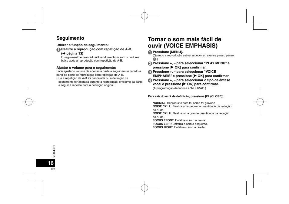 Tornar o som mais fácil de ouvir (voice emphasis), Seguimento | Panasonic RRXS450E User Manual | Page 220 / 234