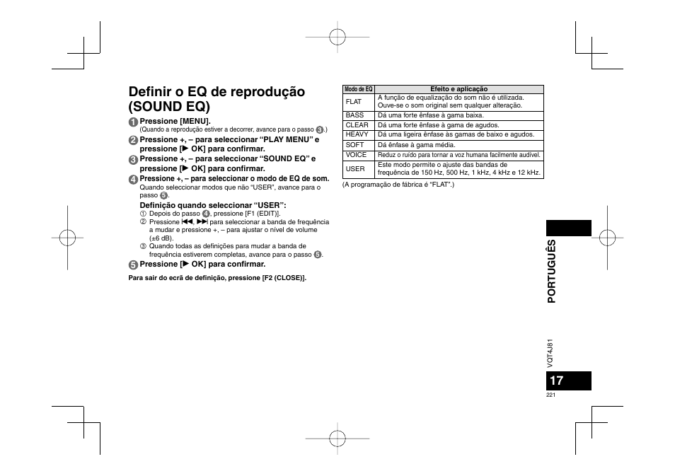 Defi nir o eq de reprodução (sound eq), Por tuguês | Panasonic RRXS450E User Manual | Page 221 / 234