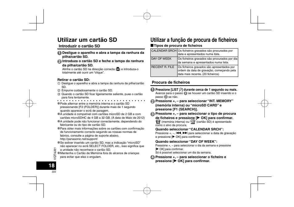 Utilizar a função de procura de fi cheiros, Utilizar um cartão sd | Panasonic RRXS450E User Manual | Page 222 / 234