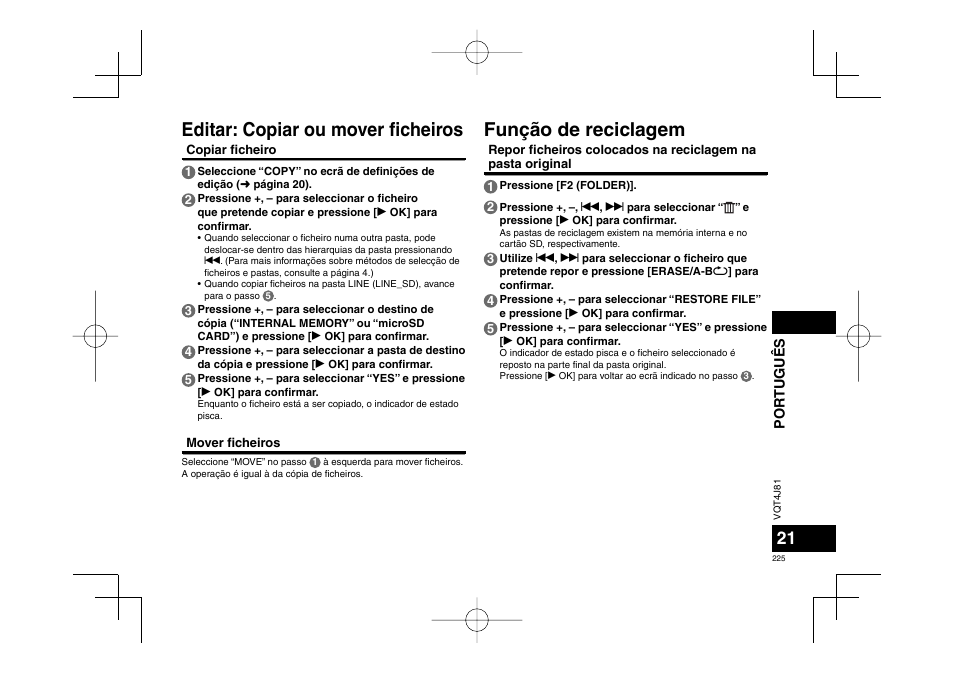 Editar: copiar ou mover fi cheiros, Função de reciclagem | Panasonic RRXS450E User Manual | Page 225 / 234