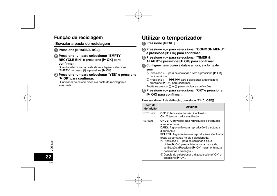 Utilizar o temporizador, Função de reciclagem | Panasonic RRXS450E User Manual | Page 226 / 234