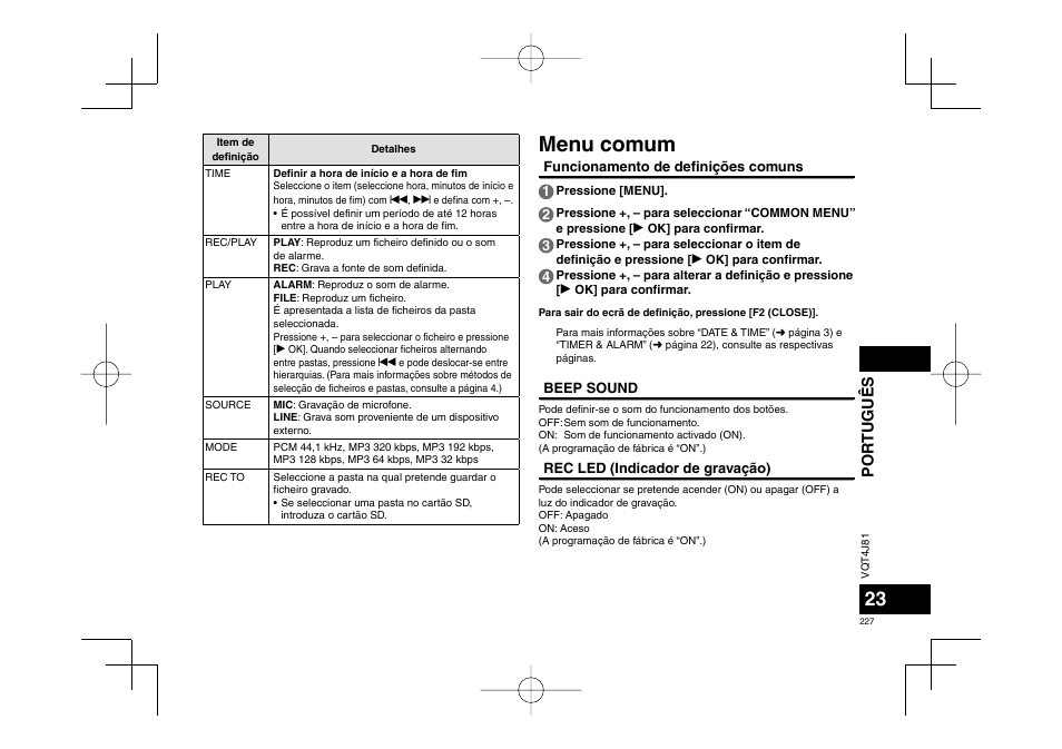 Menu comum, Por tuguês | Panasonic RRXS450E User Manual | Page 227 / 234