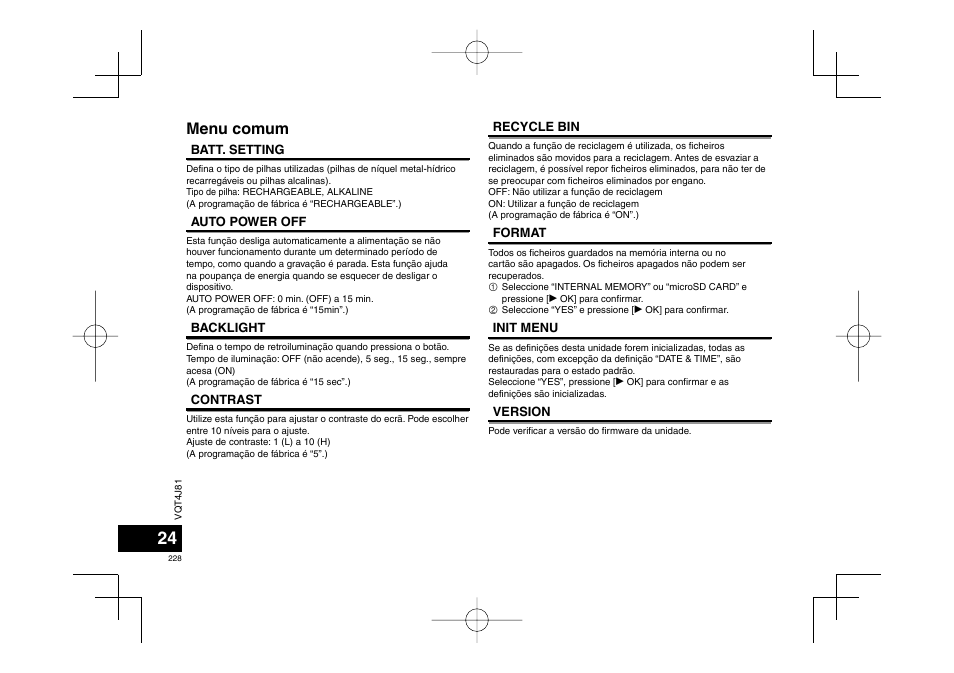 Menu comum | Panasonic RRXS450E User Manual | Page 228 / 234