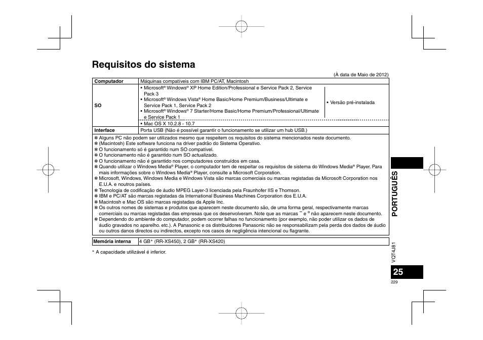 Requisitos do sistema, Por tuguês | Panasonic RRXS450E User Manual | Page 229 / 234