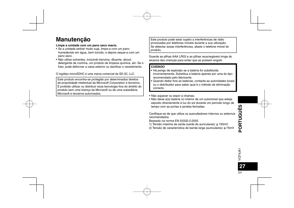 Manutenção, Por tuguês | Panasonic RRXS450E User Manual | Page 231 / 234