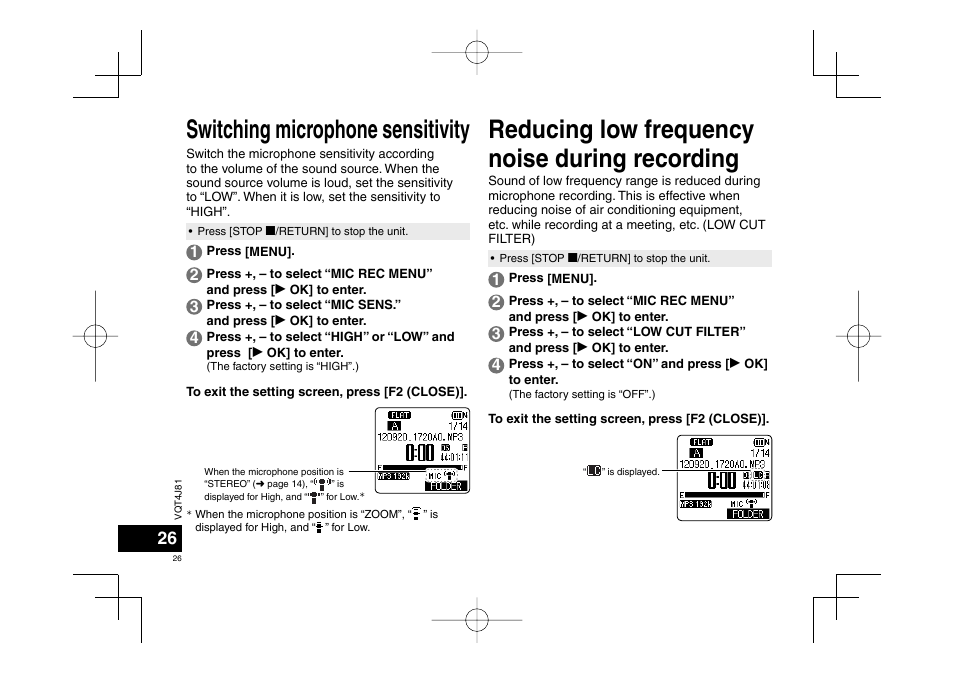 Switching microphone sensitivity, Reducing low frequency noise during recording | Panasonic RRXS450E User Manual | Page 26 / 234