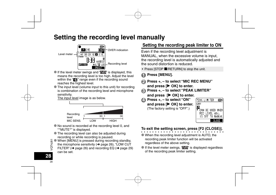 Setting the recording level manually, Setting the recording peak limiter to on | Panasonic RRXS450E User Manual | Page 28 / 234