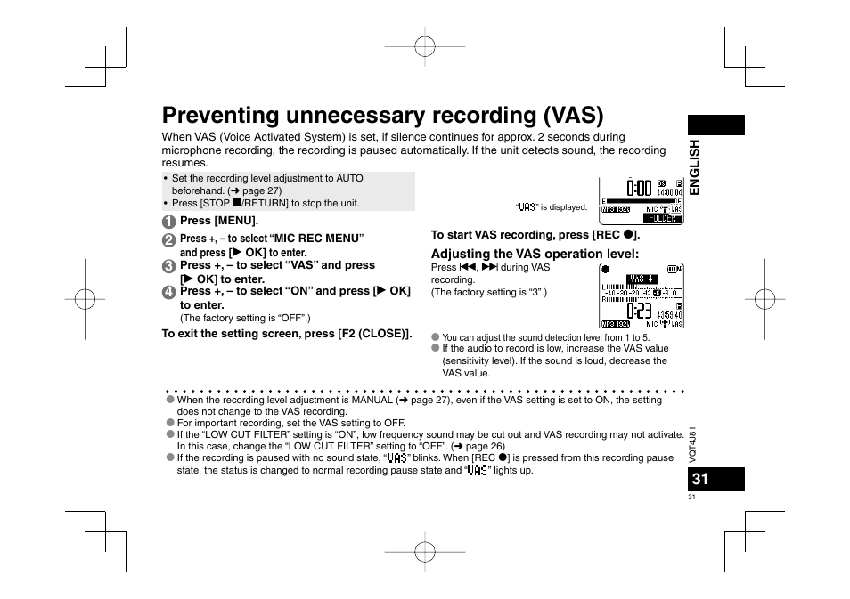 Preventing unnecessary recording (vas) | Panasonic RRXS450E User Manual | Page 31 / 234