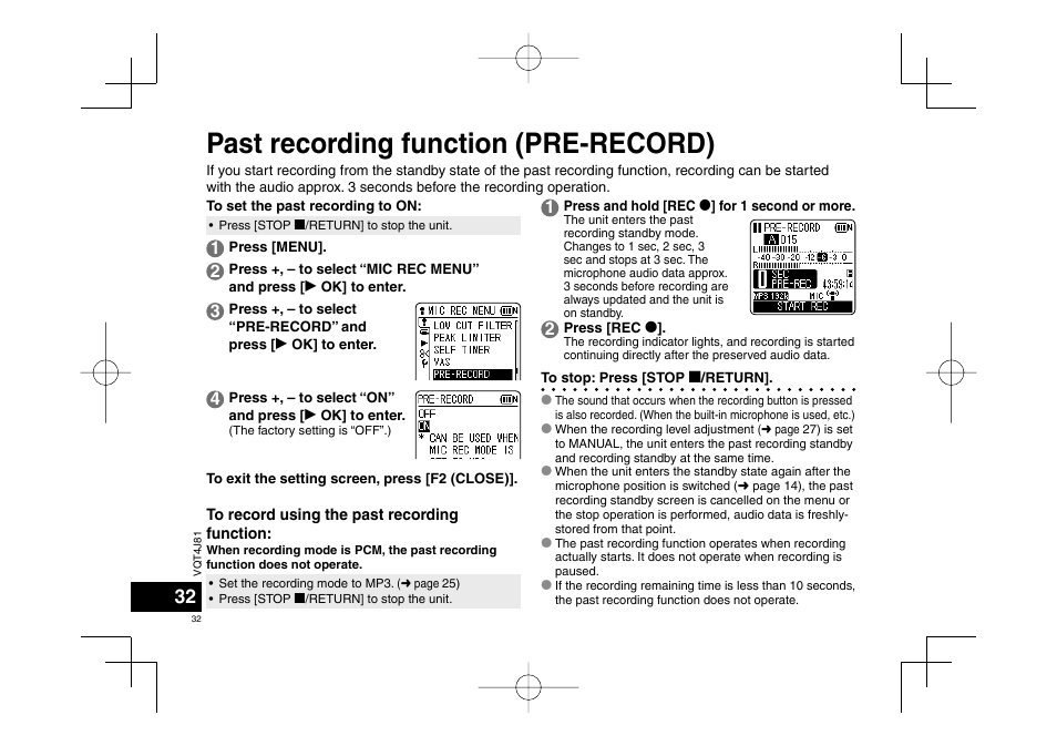 Past recording function (pre-record) | Panasonic RRXS450E User Manual | Page 32 / 234