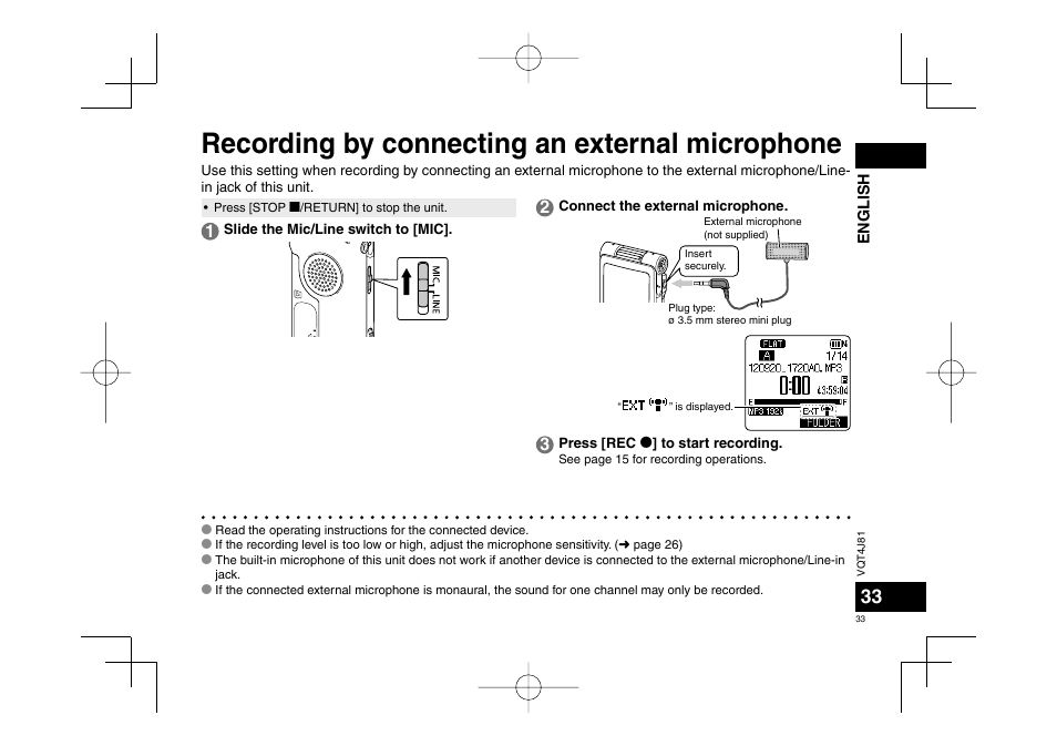 Recording by connecting an external microphone | Panasonic RRXS450E User Manual | Page 33 / 234