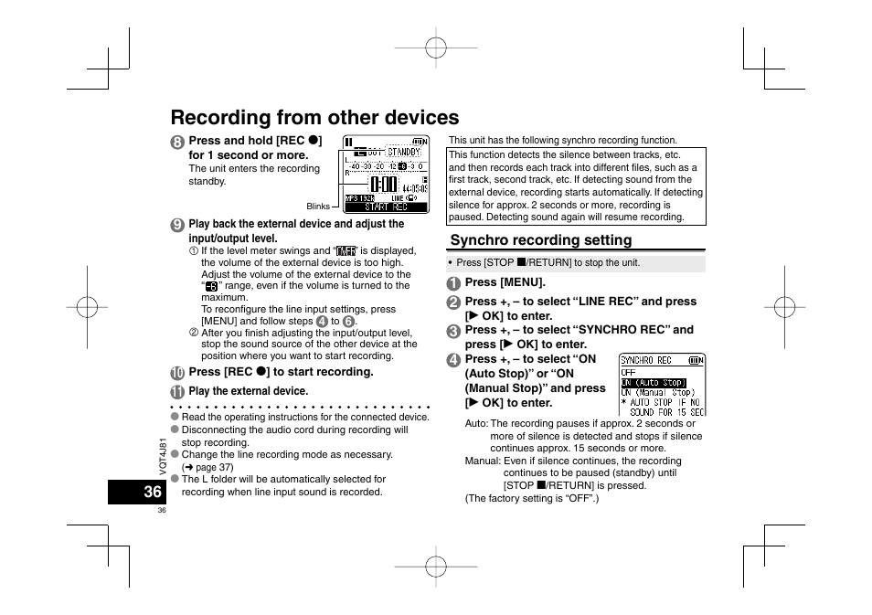 Recording from other devices, Synchro recording setting | Panasonic RRXS450E User Manual | Page 36 / 234