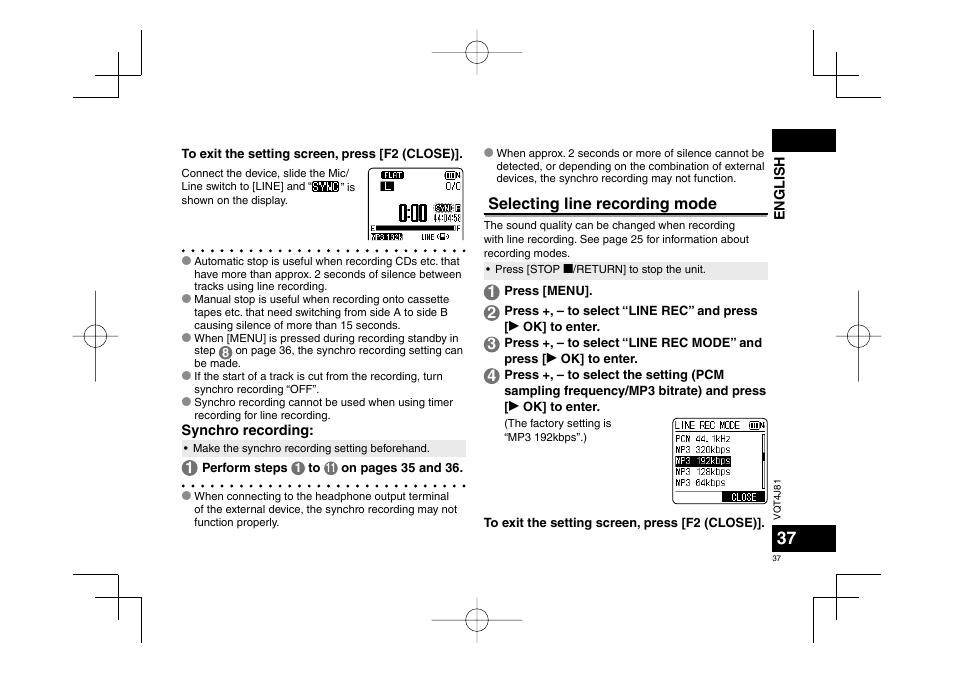Selecting line recording mode | Panasonic RRXS450E User Manual | Page 37 / 234