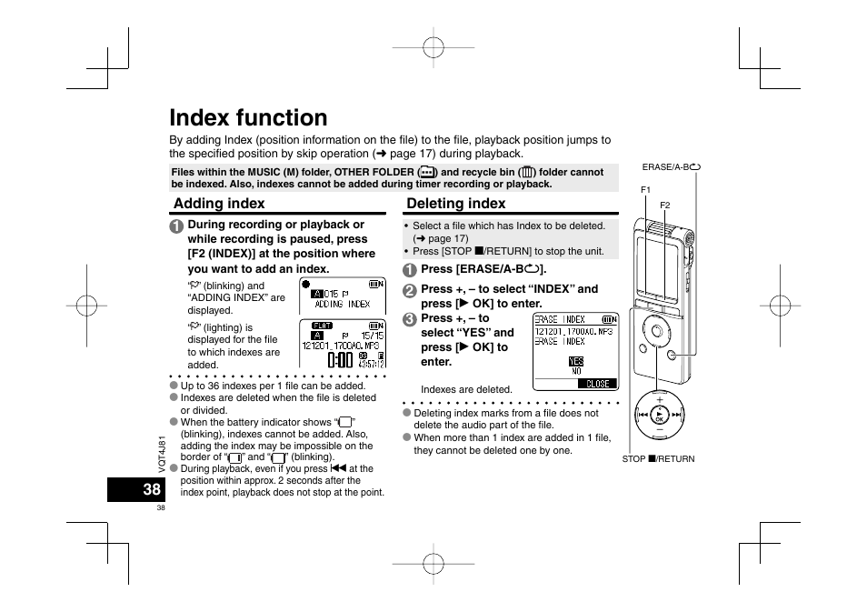 Index function, Adding index 1, Deleting index | Panasonic RRXS450E User Manual | Page 38 / 234