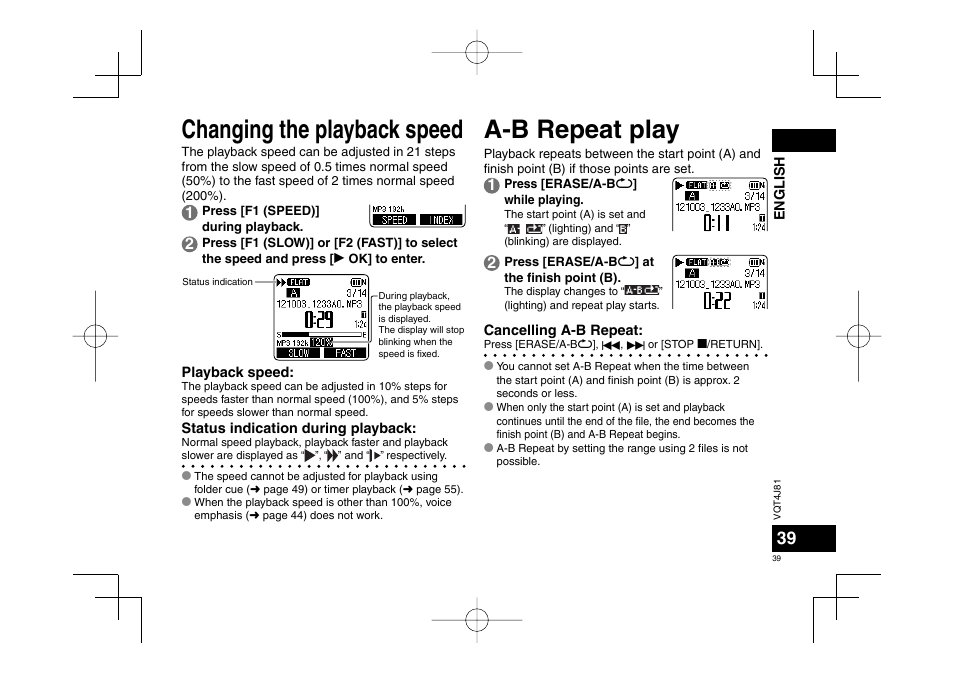 Changing the playback speed, A-b repeat play | Panasonic RRXS450E User Manual | Page 39 / 234