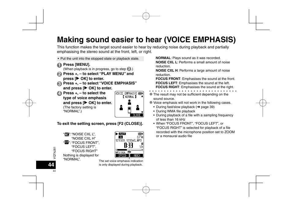 Making sound easier to hear (voice emphasis) | Panasonic RRXS450E User Manual | Page 44 / 234