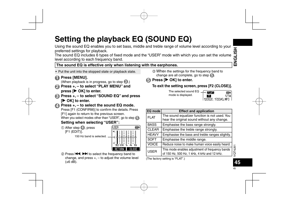 Setting the playback eq (sound eq) | Panasonic RRXS450E User Manual | Page 45 / 234