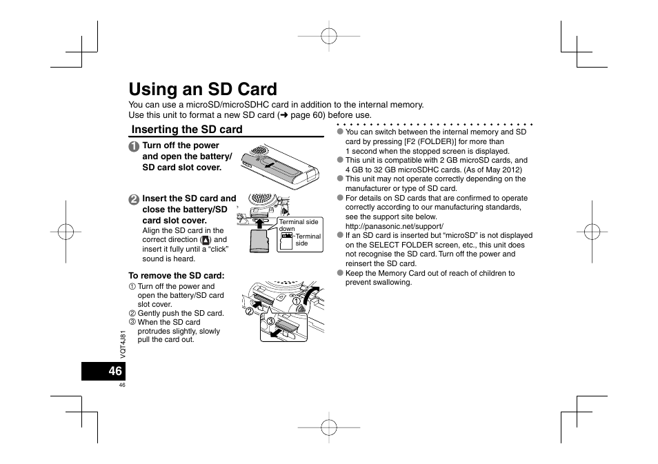 Using an sd card, Inserting the sd card 1 | Panasonic RRXS450E User Manual | Page 46 / 234