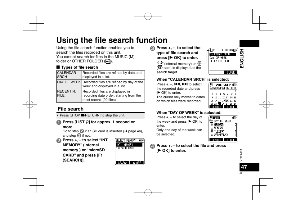 Using the fi le search function, File search | Panasonic RRXS450E User Manual | Page 47 / 234