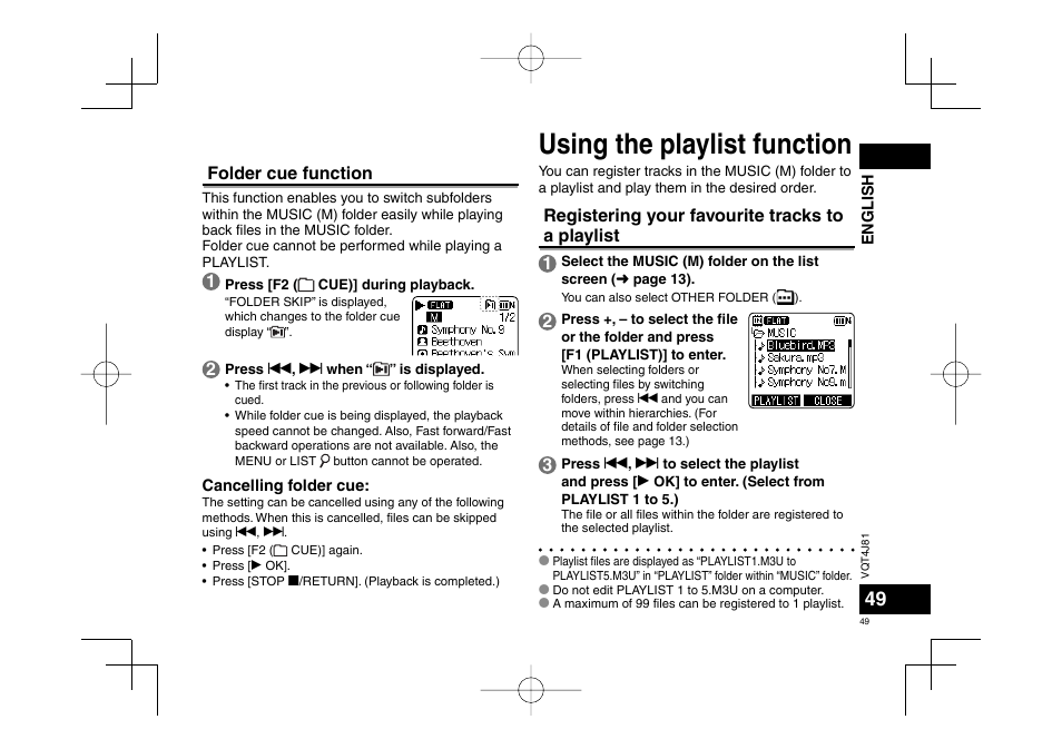 Using the playlist function, Folder cue function, Registering your favourite tracks to a playlist 1 | Panasonic RRXS450E User Manual | Page 49 / 234