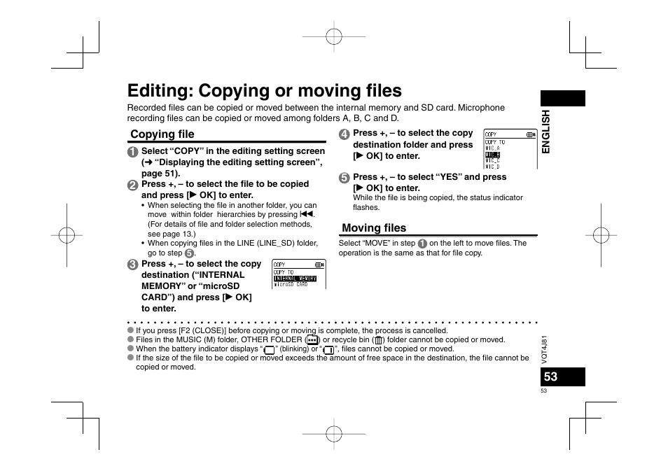 Editing: copying or moving fi les, Copying fi le 1, Moving fi les | Panasonic RRXS450E User Manual | Page 53 / 234