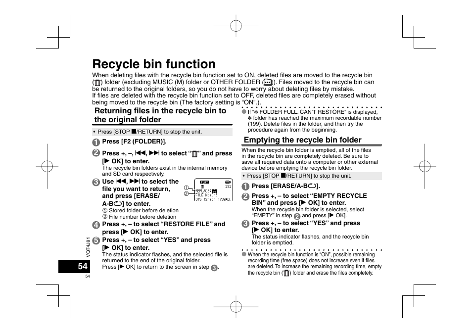 Recycle bin function, Emptying the recycle bin folder | Panasonic RRXS450E User Manual | Page 54 / 234