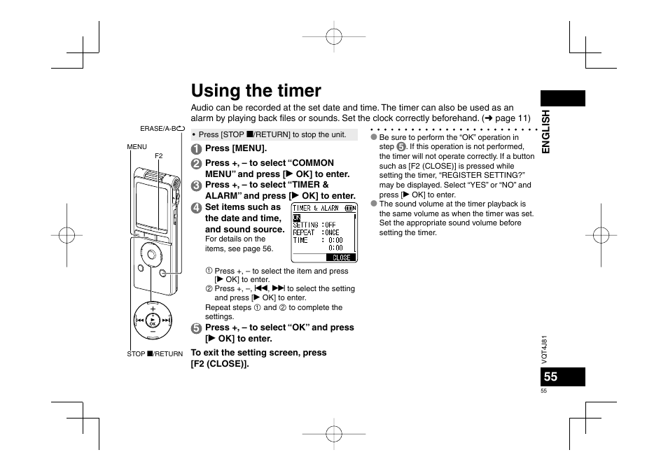 Using the timer | Panasonic RRXS450E User Manual | Page 55 / 234