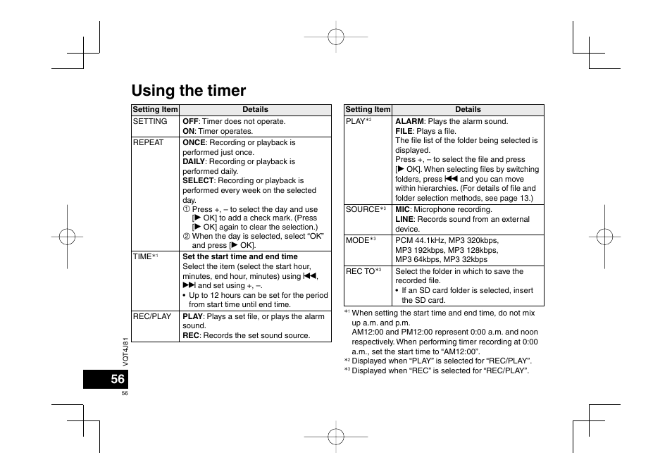 Using the timer | Panasonic RRXS450E User Manual | Page 56 / 234