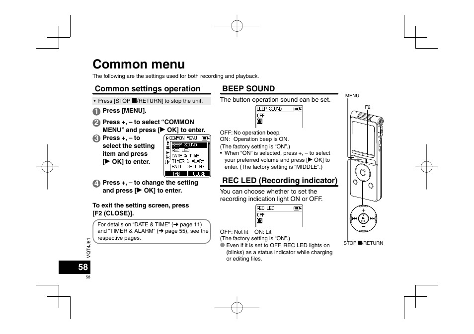 Common menu, Common settings operation, Beep sound | Rec led (recording indicator) | Panasonic RRXS450E User Manual | Page 58 / 234