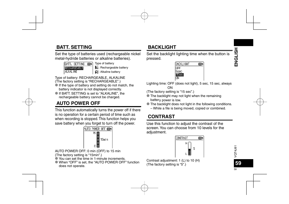 Batt. setting, Auto power off, Backlight | Contrast | Panasonic RRXS450E User Manual | Page 59 / 234