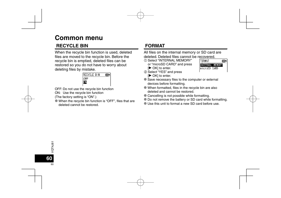 Common menu, Recycle bin, Format | Panasonic RRXS450E User Manual | Page 60 / 234